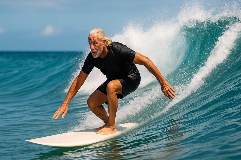 senioer surfer in costa rica